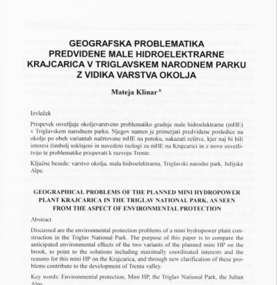 Geografska problematika predvidene male hidroelektrarne Krajcarica v Triglavskem narodnem parku z vidika varstva okolja