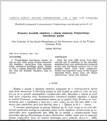 Kataster kraških objektov v ožjem območju Triglavskega narodnega parka