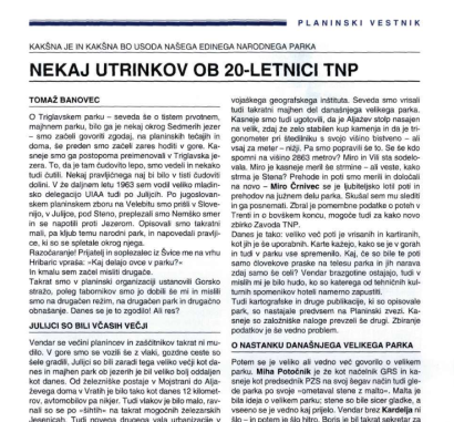 Nekaj utrinkov ob 20-letnici TNP : kakšna je in kakšna bo usoda našega edinega narodnega parka