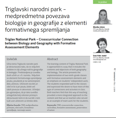 Triglavski narodni park - medpredmetna povezava biologije in geografije z elementi formativnega spremljanja