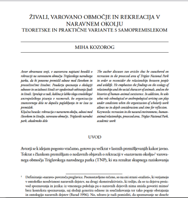 Živali, varovano območje in rekreacija v naravnem okolju : teoretske in praktične variante s samopremislekom