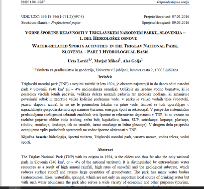 Vodne športne dejavnosti v Triglavskem narodnem parku, Slovenija- 1. del Hidrološke osnove