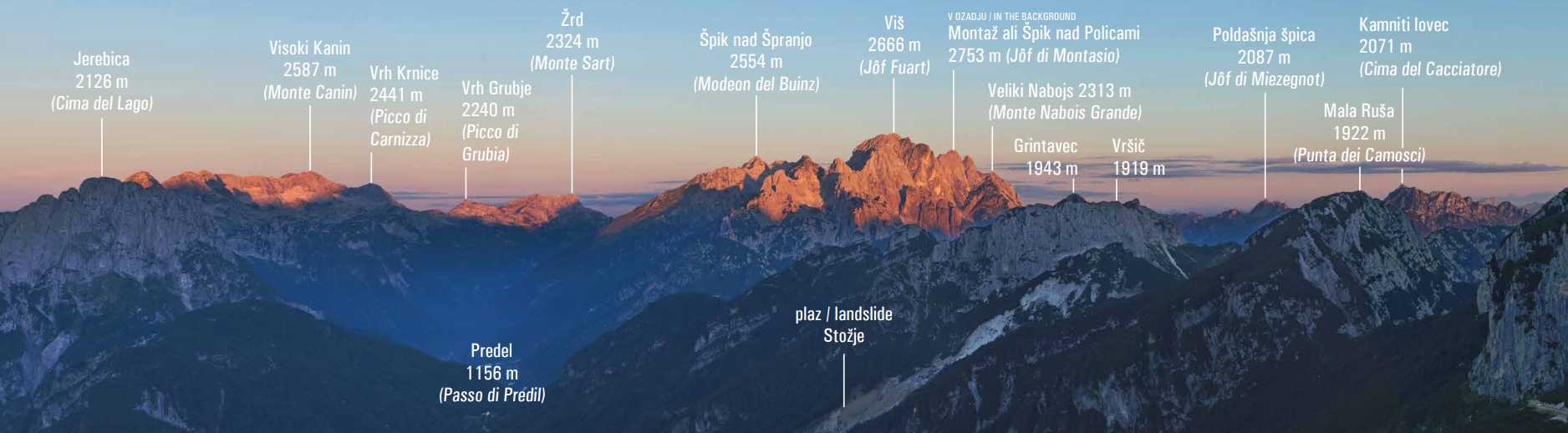 Na fotografiji je panoramski posnetek gora z označenimi imeni; Jerebica, Visoki kanin, Špik, Mala ruša....
