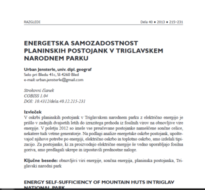 Energetska samozadostnost planinskih postojank v Triglavskem narodnem parku