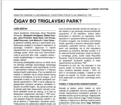 Čigav bo Triglavski park? : osnutek zakona o lastninjenju turističnih podjetij na območju TNP